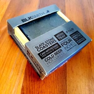 NEW! 4 BLKSmith Slate Stone Coasters 4" square Padded Base Hot Cold in Wood Tray